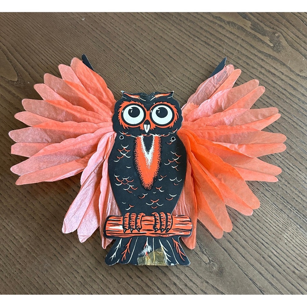 Vintage Beistle Halloween Owl Honeycomb Die Cut Decoration Orange Black Retro